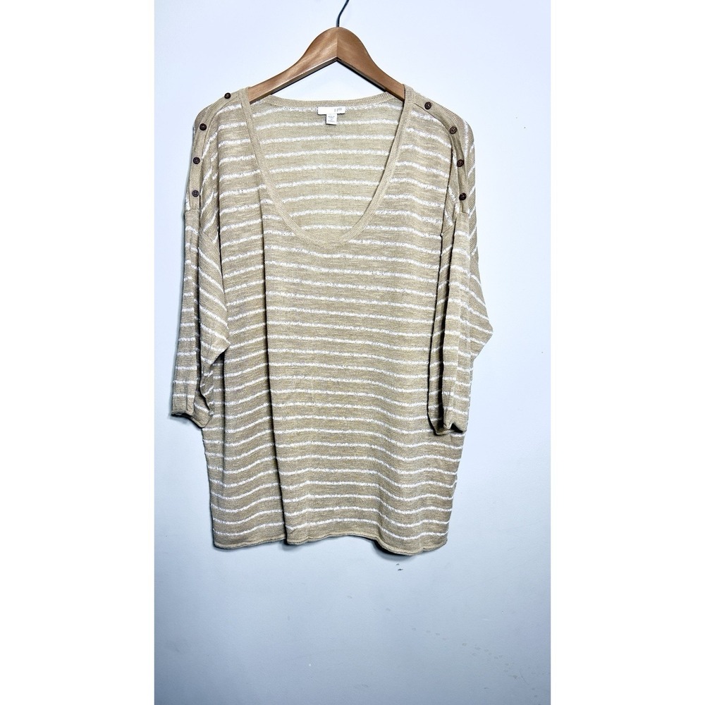 J Jill Womens 3X Sweater Linen Blend Tan White Striped Button Shoulder Top